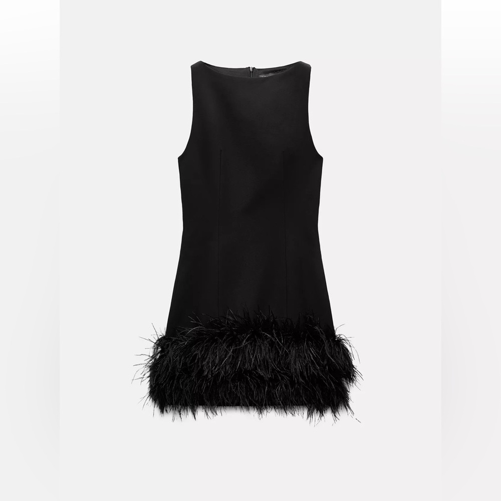 Zara - Stretchy Feather Dress - Black Mini Dress with Feathered Hem - LimitedEd